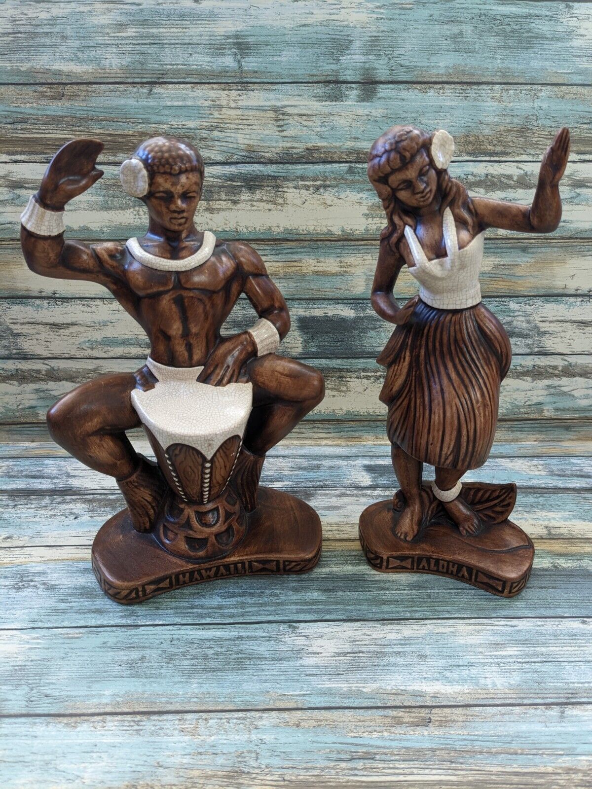 Vintage 1950s Treasure Craft Of Hawaii Ceramic Hula Dancer Drummer Figurines